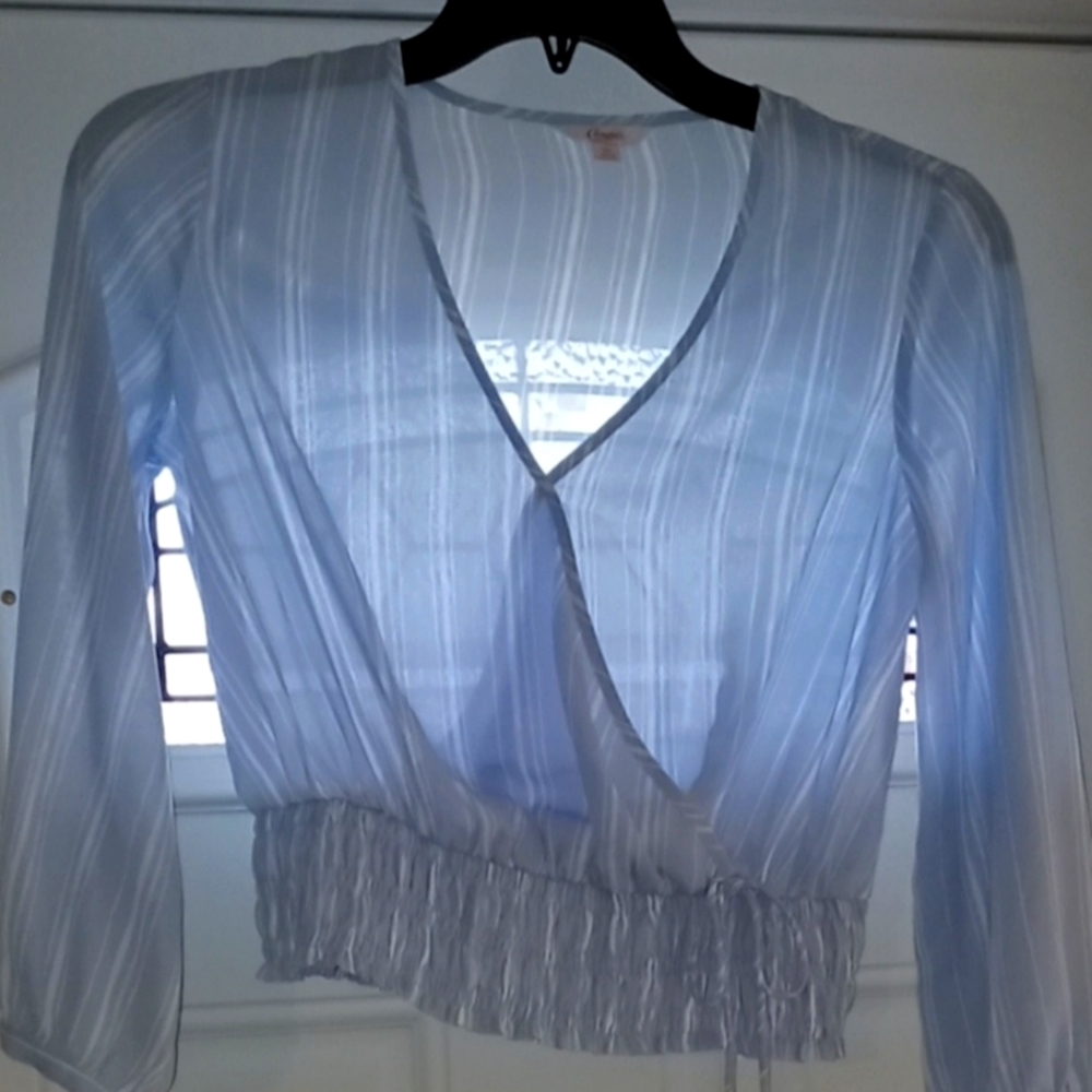 Candies xs blue and white striped surplice see through light long sleeve shirt